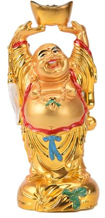 BRABUD Resin Feng Shui Golden Laughing Buddha Holding Ingot Statue Wealth Luck Home Office Decor Collectible Gift 4.7'' TQZDBS014
