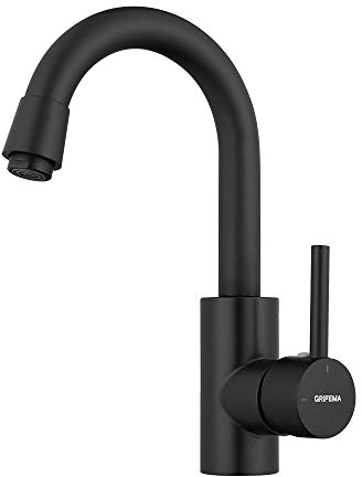 GRIFEMA Grifo Lavabo Negro, Grifo de Baño Caño alto de Acero Inoxidable, Giratorio 360°, Monomando para Agua Fría y Caliente en el Baño, Ahorro de Agua, Ahorro de Energía, G1002B