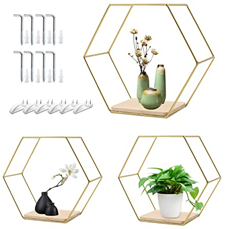 MaxAwe Hexagon Wandregal Metall 3er Set, Wanddeko Hängeregal Schweberegal in 3 Größen, Sechseck Regale für Wohnzimmer, Schlafzimmer, Bad, Flur, Café, Wohnung (Gold)