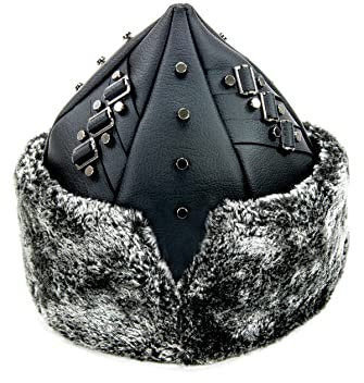ihvan online Turkish Ottoman Bork Hat, Ertugrul Leather Fur Winter Cap, Grey Faux Fur and Black Faux Leather