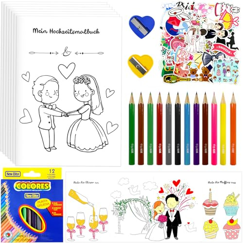 6 livres de coloriage de mariage pour enfants - Avec 50 autocollants, 12 crayons de couleur, 2 taille-crayons, livres de coloriage de mariage pour les activités des enfants