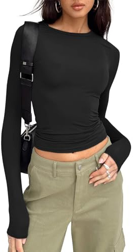 Camiseta de Manga Larga T Shirt, Manga Larga y Ajuste Clásico Mujer Manga Larga Mujer Cuello Redondo (L, Negro)