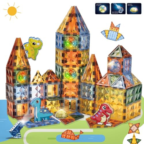 BINZKBB Deluxe Upplysta magnetiska byggklossar Byggleksaker,3D Pedagogiska leksaker för barn 57st,Uppmuntra kreativitet lära sensoriska leksaker för 3 4 5 6 7+ år pojkar och flickor