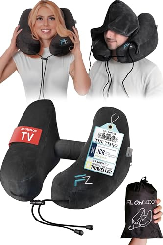 FLOWZOOM AIR Travel Neck Pillow for Airplane Inflatable Hooded Black Size L