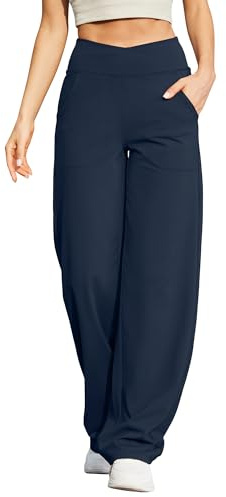 G4Free Yogabyxor för kvinnor breda ben crossover hög midja med fickor petite/vanliga/höga lösa stretch lediga loungebyxor, Mörk marinblå, XL/Liten
