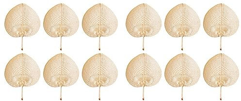 Oikabio Lot de 12 éventails en paille naturels faits à la main tissés à la main en feuilles de palmier pour l'été