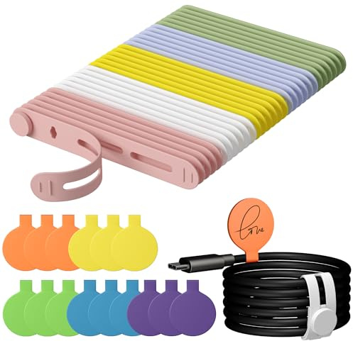 Nearockle 45 stycken buntband av silikon, återförslutningsbara och kabelatiketter, kabelorganiserare buntband med märkningsfält återanvändbara, laddkabel, kontor, skrivbord (flerfärgad)