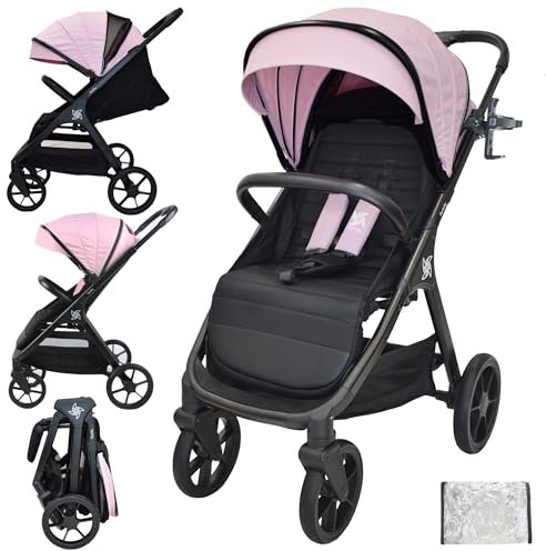 Twinly SPACELY, kinderwagen Buggy, bis zu 22 kg, Kinderwagen sehr groß und komfortabel, geräumige Sitz, sehr leicht zu falten buggy, XXL Verdeck mit UPF50+ Filter, Regenschutz, Liegewagen (Rosa)