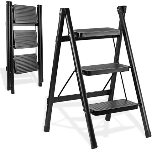 Uoisihur 3 Step Ladder, Portable Folding Step Stool for Home Kitchen, Black