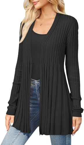 Arach&Cloz Cardigans for Women UK Wool Blend Waterfall Ladies Ribbed Cardigan Long Sleeve Knitwear for Casual Business Black, L