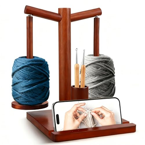 Yarn Holder Magnetic, Wooden Wool Ball Holder for Crocheting & Knitting, Double Spindle Rotating Yarn Spinner with Storage Organizer, Phone Stand, Portable Sewing Thread Dispenser for Crochet Lovers