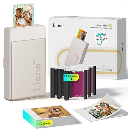 Liene Pearl N200 Pro Portable AI Photo Printer, Instant Mini Picture Printer for iPhone Smartphone, Thermal Dye Sublimation, Bluetooth Sticker Maker 50 Sheets 2x3 Adhesive Paper & 5 Cartridges, Gold