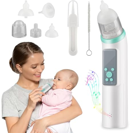Aspiratore Nasale Neonato, Aspirador Nasal Elettrico Ricaricabile con 5 Livelli di Aspirazione e 3 Punte Silicone, Detergente per Naso con Musica e Luci per Bambini