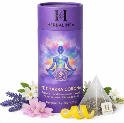 HERBALINEA Infusión de Hierbas Naturales – Té Chakra Corona | 15 Pirámides Premium (30g) | Té Blanco, Tulsi, Flor de Loto, Lavanda, Jazmín | Relajación y Bienestar | Sin Cafeína