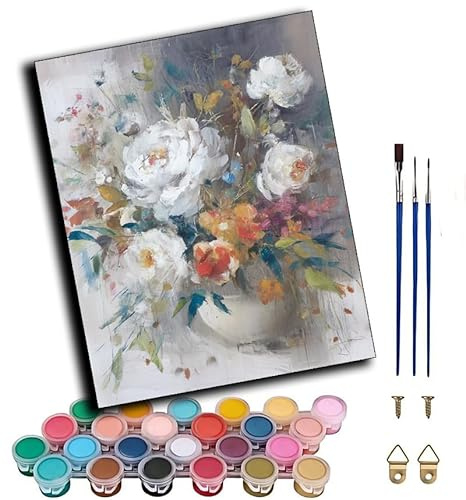 YUNLINZI Peinture par Numero Adulte,fleurs blanches 40x50cm Peinture Acrylique pour Débutants Facile sur Toile Avec Peintures et Pinceaux Decoration Cadeau，sans cadre