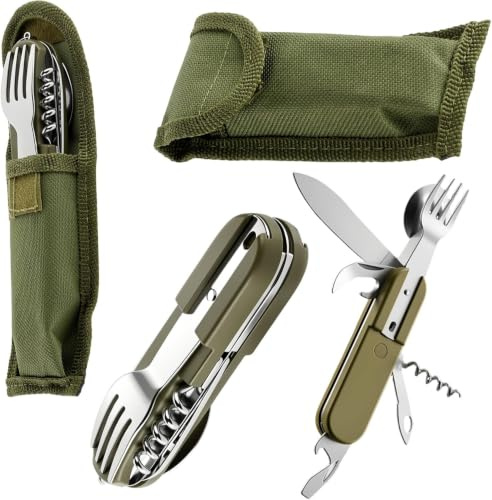 Dexpally Lot de 2 Couvert Camping Multifonction, Couteau Fourchette Cuillere 7 en 1 en Acier Inoxydable, avec Sac de Rangement - Multifonction pour Randonnée, Pique-nique et Voyage.(Vert)