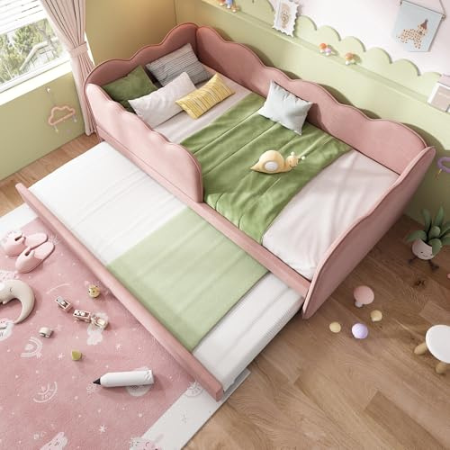 Xfholl 3ft Single Upholstered Bed with Pull Out Trundle, Daybed With Slatted Frame, Velvet, Pink, 90 x 190 cm (No Mattress)
