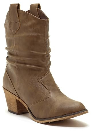 Charles Albert Modern Western Cowboy Boots for Women Ladies Stacked Heel Ankle Cowgirl Boots with Pull-Up Tabs in Mocha Size 7