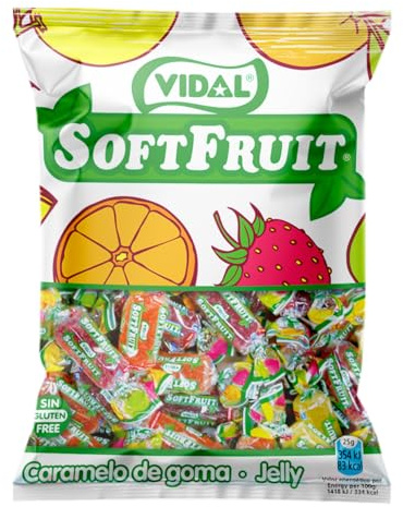 Vidal Golosinas. Soft Fruit, Caramelo de goma envuelto, Colores Amarillo, Rojo y Naranja, Sabores Piña, Limón, Naranja, Manzana y Fresa. Bolsa 1 Kg
