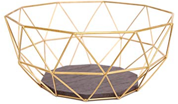 KONTARBOOR Corbeille à Fruits, Panier à Fruits Design Metal Or/Doré et Bois Gris 26 X 26 X 12 cm