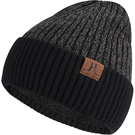 ZASFOU - Berretto invernale unisex foderato in pile, cuffia lavorata a maglia calda, con teschio, con risvolto, nero/grigio, Taglia unica