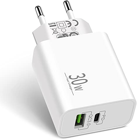 30W 2-Puerto Cargador USB C para iPhone 17 Air 16 16e 15 14 13 12 11 Pro MAX Mini XS XR X 8 7 6, iPad, AirPods, Carga Rapida PD&QC Adaptador Rapido Enchufe Tipo C Cabezal Charger