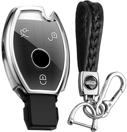 KUNIO Coque de clé de Voiture Compatible avec Mercedes Benz A B C E G K R S Classe AMG CLA GLA VITO CLA GLA ML GLE ML GLK CLK Coque de clé en TPU pour Porte-clés A Argent