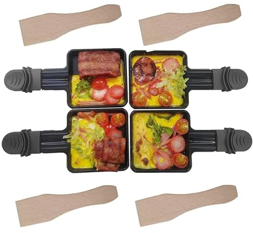 QcuGvy 8 Pièces Poêles à Raclette 20x9cm Handles in Black Mini Poêles à Raclette Non-stick coating Insulated handle 8 Accessoires-Pour Faire Fondre le Fromage Oeufs Frits Pelle en bois(8Pcs Carré)
