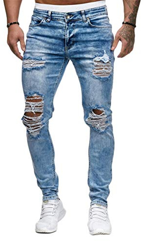 Jeans Déchiré Homme Slim Trou Vintage Biker Pantalon en Denim Extensible Jean Skinny Serré Pants Casual Jean Stretch Décontracté Vintage Pantalon Crayon Militaire