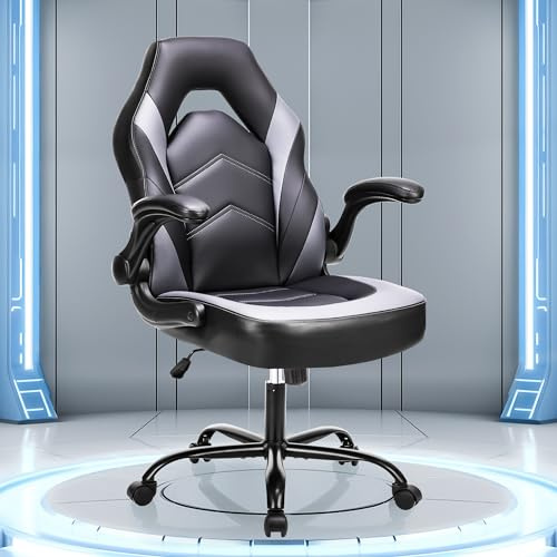 OLIXIS Big and Tall Office Desk Leather Gaming Computer Chair with Adjustable Swivel Task and Flip-up Arms for Adults, Teens, Black and Grey
