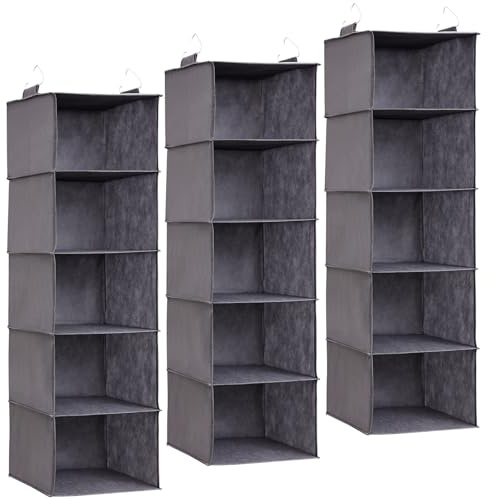 Lifewit Rangement Suspendu avec 5 Étagères et 2 Crochets Solides, Étagères de Rangement Armoire pour Placard, Organisateur Pliable, Rangement Vetement, 102 cm (H), Gris, Lot de 3