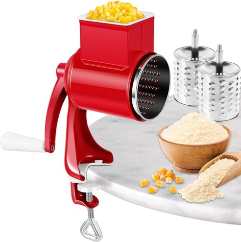 Mulino manuale per noci con 2 fogli di tamburo rimovibili, mulino per arachidi manuale con manovella in acciaio inox, macina per noci, macina mandorle, mais, spezie, formaggio, cetrioli, carote