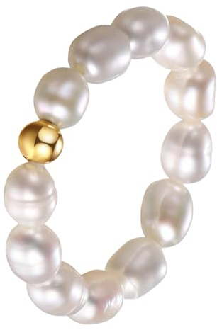 Cupimatch Barocker Perlenring für Frauen: Exquisite Elastische Damen Ring Süßwasserperlen Fingerperlenringe Geschenke für Frauen Mädchen Gold