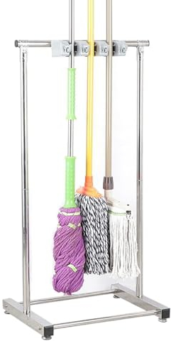 Kuuleyn Support De Balai, Placard à Balai, Support De Vadrouille Mobile en Acier Inoxydable, Support De Rangement pour Chariot à Outils De Nettoyage sur Pied(Three Hanging Four Hook Stainless Steel)