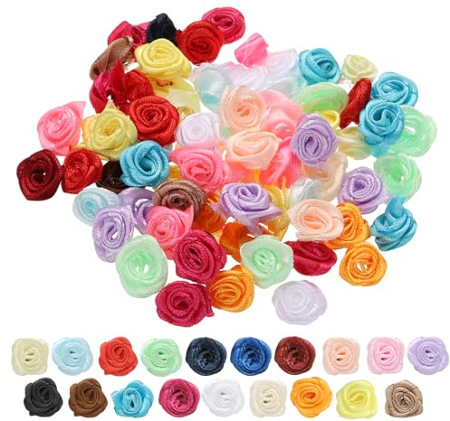sourcing map 100pcs 1.5cm Mini Ribbon Roses Satin Ribbon Flower Rose Artificial Fabric Flowers for DIY Crafting Accessories Sewing Wrapping Wedding Gift Decoration, Multicolored