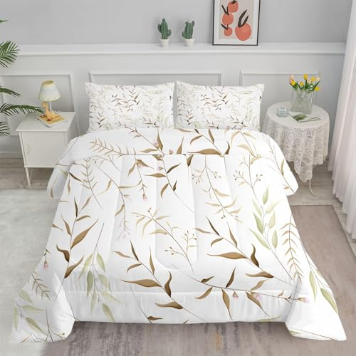 PNHCL Edredon Nordico Cama 180, Relleno Nordico 240x260 cm con 2 Fundas Almohada, Blanco Reversible Edredón de Fibra 240gr/m², Ligero, Suave, Transpirable para 4 Estaciones, Hojas Marrones