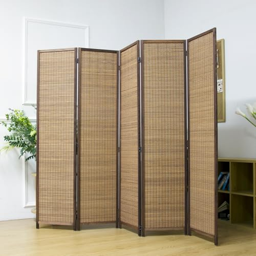Pawlabay 5 Panel Bamboo Room Divider Screen,5.6 FT Tall Bamboo Divider Folding Privacy Screen,Freestanding Panel Divider for Room Seperation,Brown