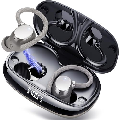 Auriculares Inalámbricos Deportivos Bluetooth 5.3, HiFi Estéreo Con 4 HD Mic, In-Ear Con Gancho para Running, 80H/LED Reducción de Ruido, Gris Plateado