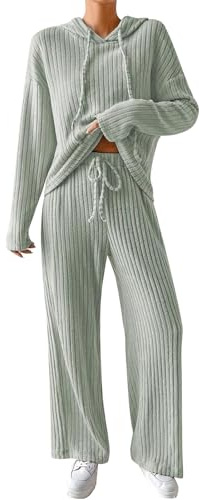 EFOGEP Ensemble de vêtements de détente pour femme - Survêtement 2 pièces - Pyjama côtelé en tricot à capuche - Haut et pantalon à jambes larges - Vêtements de détente - Vêtements de nuit, vert clair,