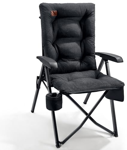 EVER ADVANCED Luxury Camping Chairs for Adults Heavy Duty High Back Oversized Folding Garden Chair Comfy Padded 6cm Loadable 150kg Camp Adjustable Dining Chairs 4-Position Recliner Deck Black