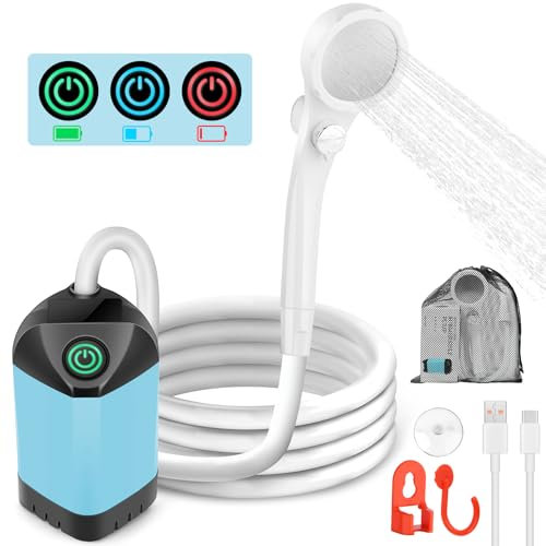 Campingdusche Mit Pumpe, Camping Dusche Mit Wiederaufladbarem 7800mah Akku Und Batterieanzeige, Camping Dusche Outdoor Set Mit Duschkopf Und Schlauch FüR Camping, Garten, Autowaschen, Strand, Haustier