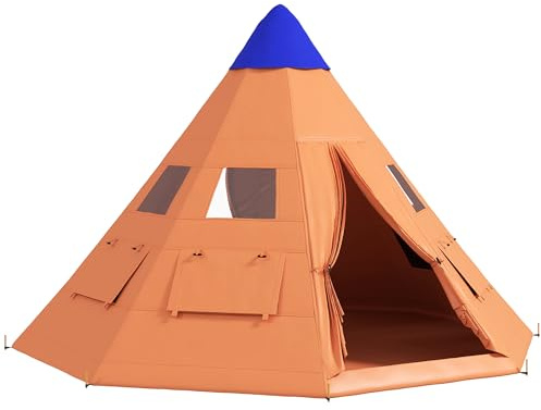 Outsunny 6 Men Tipi Tent, Camping Tent with Mesh Windows, Sewn-in Floor, Two Doors and Carry Bag, Easy Set Up, for Hiking Picnics Outdoor Night, Orange