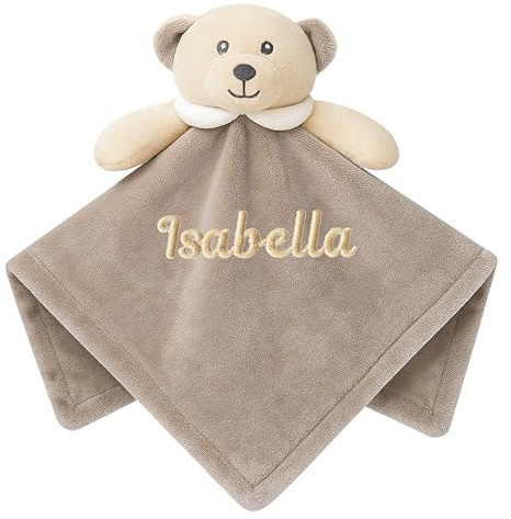 Baby Personalised Animal Comforter Blanket Rattle (Bear Cream Name)