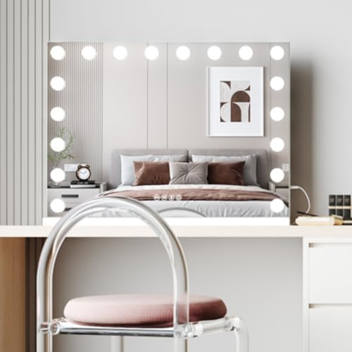 Moziel Specchio Trucco LED 80x60cm - Luci Hollywood 18 LED, Bluetooth, 3 Colori Regolabili - Montaggio Parete/Tavolo - Ideale per Makeup Professionale