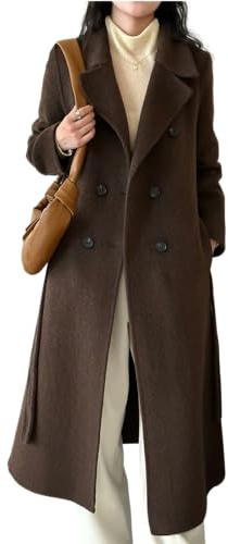Juankrynord Cappotto lungo in lana con bottoni sul davanti elegante ampio e alla moda invernale da Donna con cintura elegante colletto doppiopetto lungo e spesso (Marrone,M)