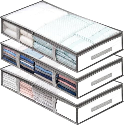 Dexpally 3 Pezzi Contenitori Sottoletto 100x50x18cm Scatole Sotto Letto Contenitore con Finestra di Osservazione e Maniglia per Piumoni, Lenzuola, Vestiti per Camera da Letto, Armadio