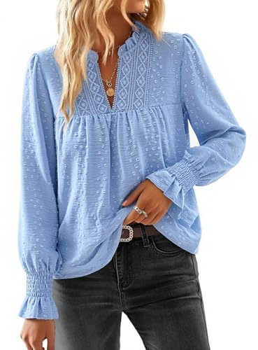 Fashora Women Tops Long Sleeve V Neck Blouses, Autumn | Sweet, Pleated Puffle Ruffled Sleeve, Loose Fit, Elegant, Ladies Shirts, Spring, Summer, Autumn