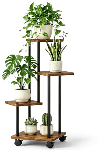 JNUYISW Support pour Plantes Intérieur, 4 Niveaux Étagère pour Plantes à 4 Roues en Métal et Bois Porte Plante pour Plusieurs Plantes Support Pot de Fleur pour Terrasse, Jardin, Balcon, Salon