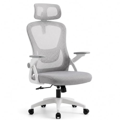 Silla de Oficina Ergonómica con Respaldo de Malla Transpirable, Soporte Lumbar y Altura Ajustable, Silla Escritorio Giratoria con Ruedas 360° (Cabecera y Brazos abatibles Blanca)