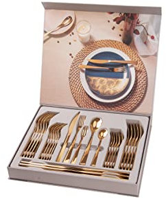 Otto Koning - Berlin - Set di Posate 30 Pezzi in Acciaio Inossidabile Placcato in Oro Titanio e Lucido con scatola regalo e Coltello da Bistecca. Un Moderno Servizio da tavola per 6 commensali